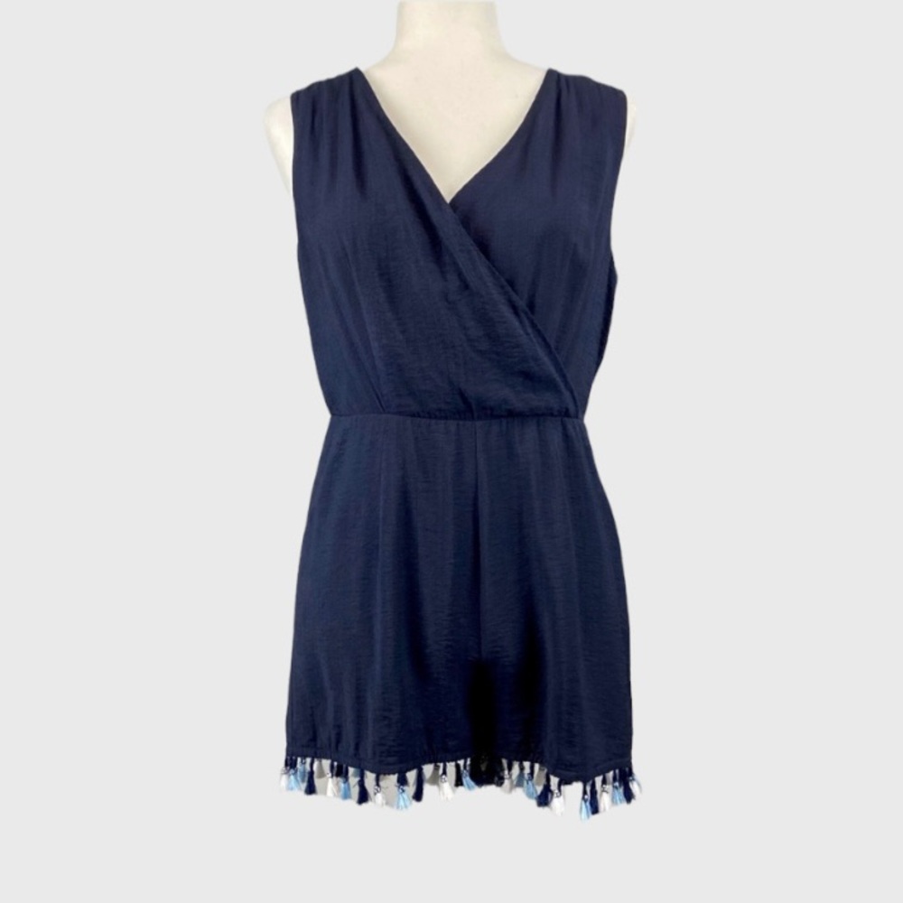 THML Womens Blue Shorts Romper Tassel Trim Sleeveless Surplice Neck size Medium